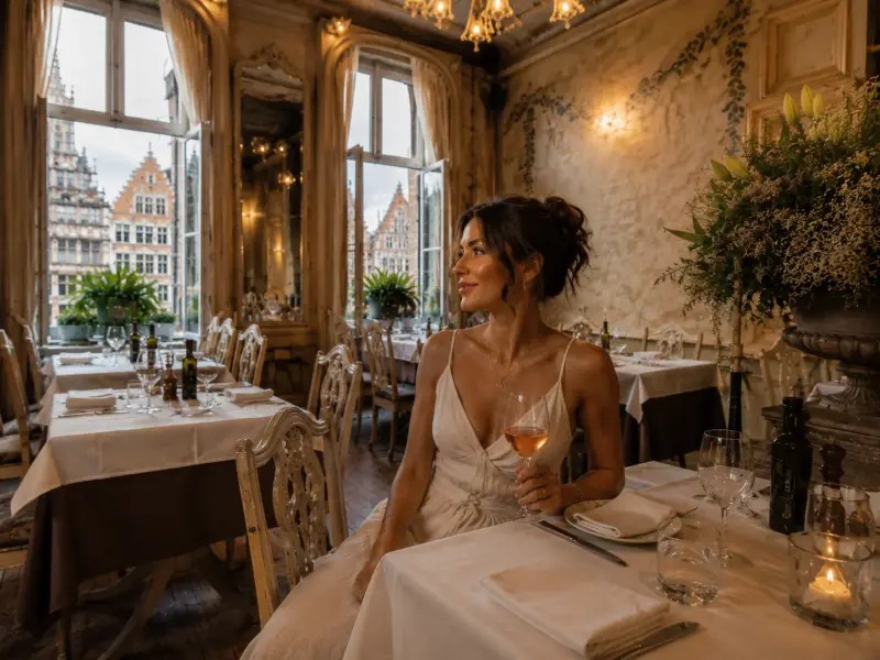 A high-class dinner date escort seated at an elegant table at Allegro Moderato restaurant in Ghent with Top Companions